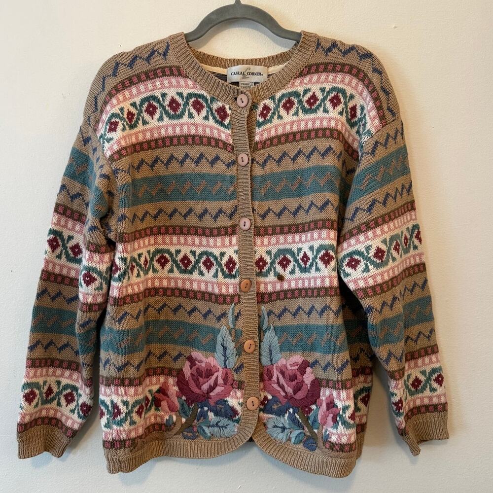 Vintage Casual Corner Floral Embroidered Fair Isle Cardigan Size L